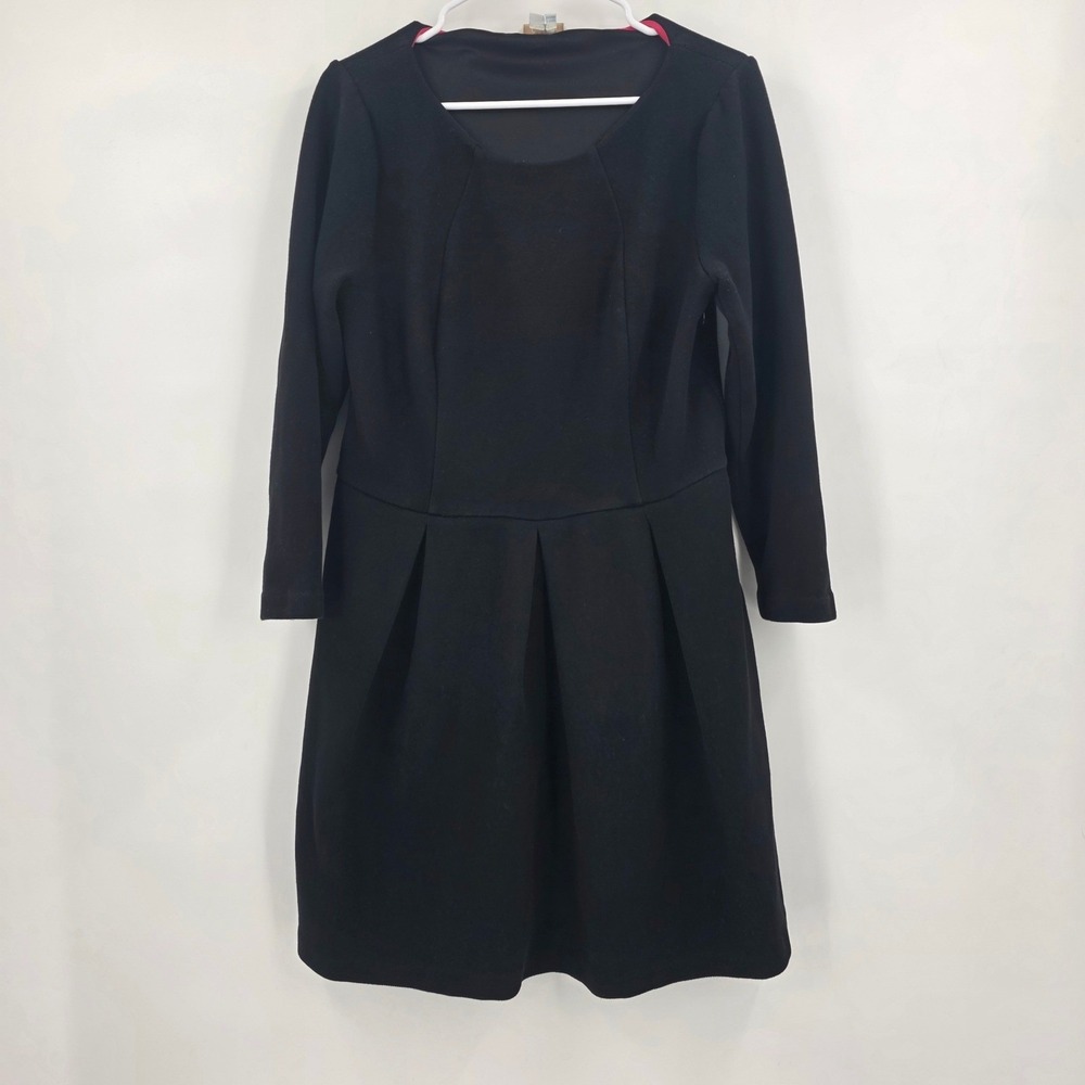 BODEN LINDSEY PONTE DRESS WOMENS SIZE 14R BLACK PLEATED TEXTURED SCOOP NECK KNEE